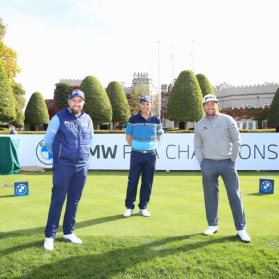 VIRGINIA WATER, ENGLAND - OCTOBER 07: (L-R) Shane Lowry of Ireland, Padraig Harrington of Ireland and Graeme McDowell of Northern Ireland pose for a photograph on the 1st tee during a practice round ahead of the BMW PGA Championship at Wentworth Golf Club on October 07, 2020 in Virginia Water, England. (Photo by Andrew Redington/Getty Images)