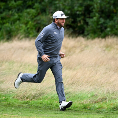 VIRGINIA WATER, ENGLAND - OCTOBER 10: Graeme McDowell of Northern Ireland runs on the 16th hole during Day Three of the BMW PGA Championship at Wentworth Golf Club on October 10, 2020 in Virginia Water, England. (Photo by Ross Kinnaird/Getty Images)