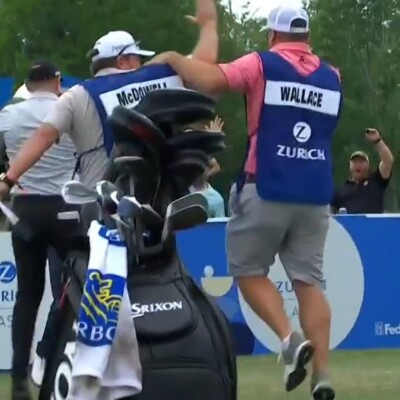 NEW ORLEANS, LOUISIANA - APRIL 23: Graeme reacts to his hole in one on the 17th green during the second round of the Zurich Classic of New Orleans at TPC Louisiana on April 23, 2021 in New Orleans, Louisiana. (Photo by Mike Ehrmann/Getty Images)
