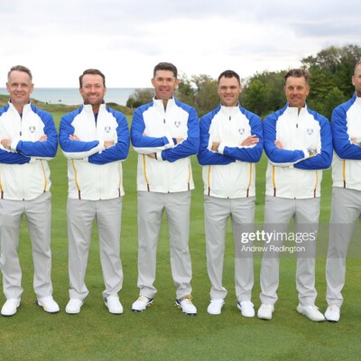 KOHLER, WISCONSIN - SEPTEMBER 21: (L-R) Vice-captain Luke Donald of England and team Europe, vice-captain Graeme McDowell of Northern Ireland and team Europe, captain Padraig Harrington of Ireland and team Europe, vice-captain Martin Kaymer of Germany and team Europe, vice-captain Henrik Stenson of Sweden and team Europe, and vice-captain Robert Karlsson of Sweden and team Europe pose for photos prior to the 43rd Ryder Cup at Whistling Straits on September 21, 2021 in Kohler, Wisconsin. (Photo by Andrew Redington/Getty Images)