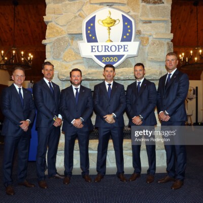 KOHLER, WISCONSIN - SEPTEMBER 23: (L-R) Vice-captain Luke Donald of England and team Europe, vice-captain Henrik Stenson of Sweden and team Europe, vice-captain Graeme McDowell of Northern Ireland and team Europe, captain Padraig Harrington of Ireland and team Europe, vice-captain Martin Kaymer of Germany and team Europe, vice-captain Robert Karlsson of Sweden and team Europe pose for a photo prior to the opening ceremony for the 43rd Ryder Cup at Whistling Straits on September 23, 2021 in Kohler, Wisconsin. (Photo by Andrew Redington/Getty Images)