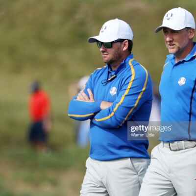 KOHLER, WISCONSIN - SEPTEMBER 24: Vice-captain Graeme McDowell of Northern Ireland and team Europe (L) and Ian Poulter of England and team Europe looks on from the 15th hole during Friday Morning Foursome Matches of the 43rd Ryder Cup at Whistling Straits on September 24, 2021 in Kohler, Wisconsin. (Photo by Warren Little/Getty Images)